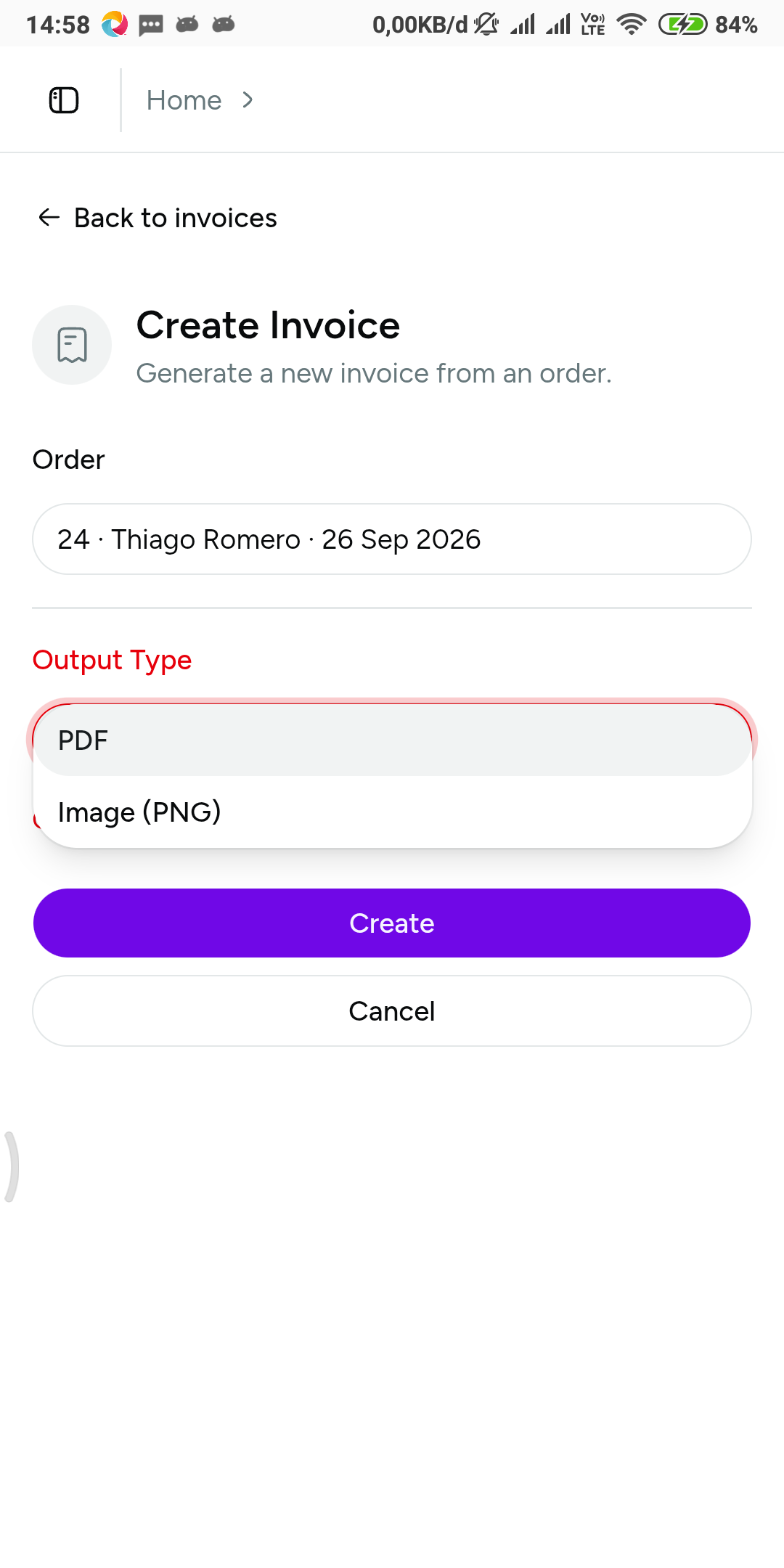 PDF and PNG output options when creating an invoice from an order
