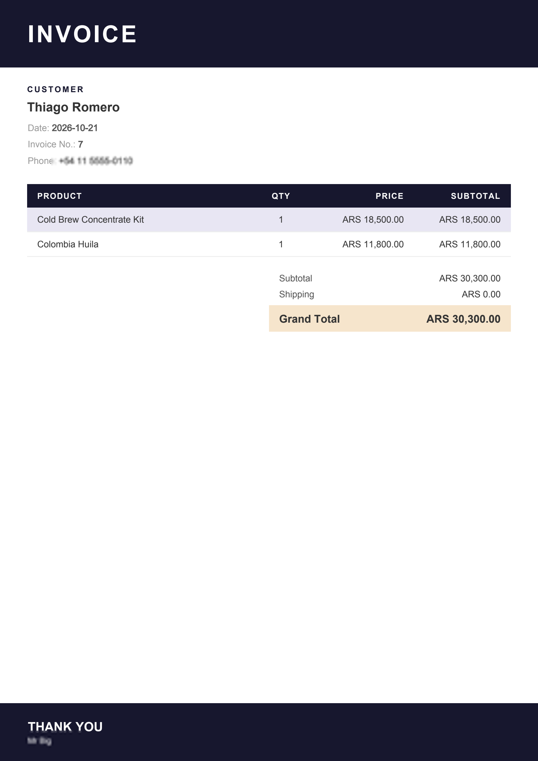The generated invoice document showing the invoice number, customer, item details, and total