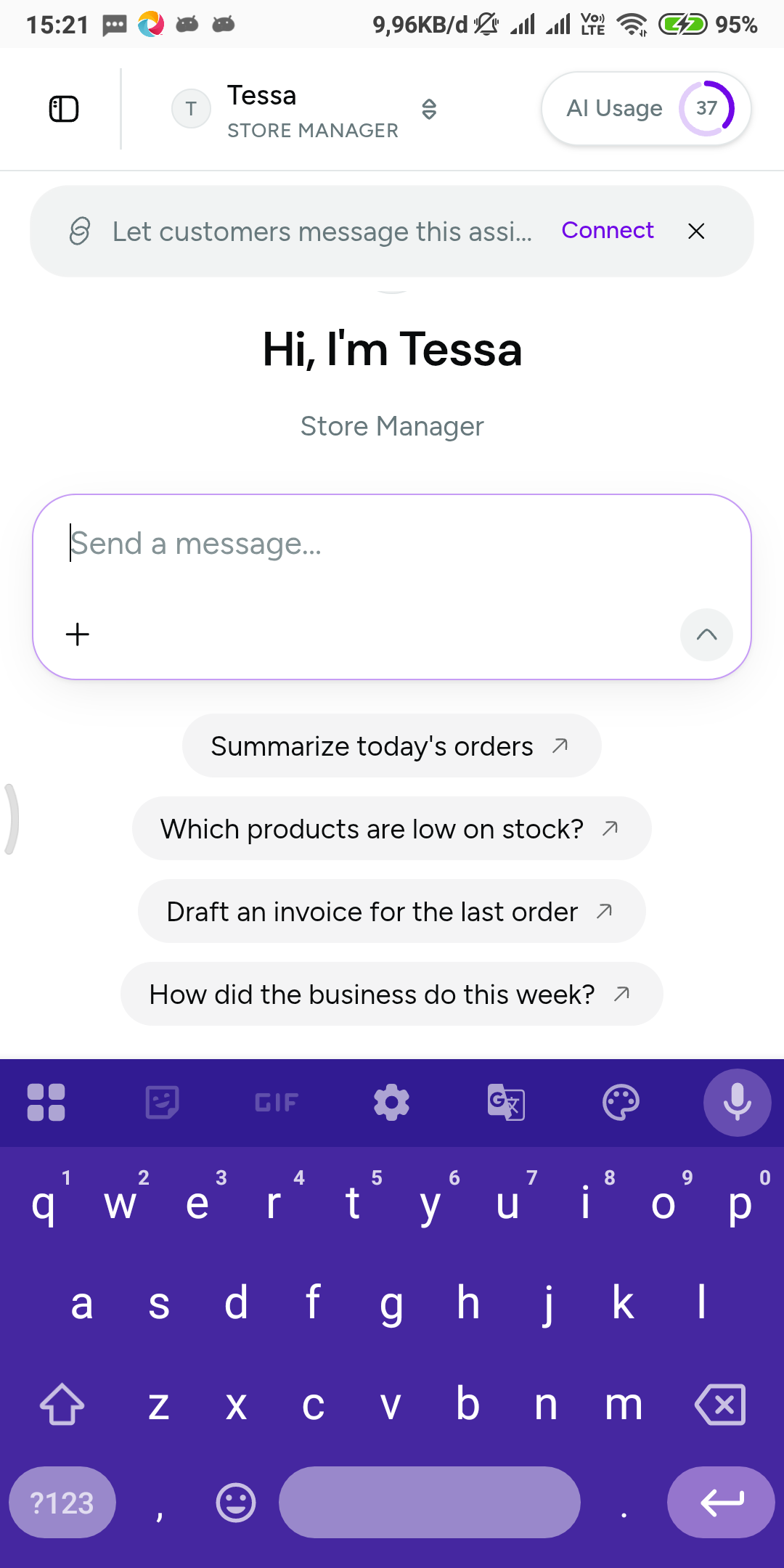 A fresh chat with the configured assistant, whose opening suggestions reflect the everyday jobs its skills allow