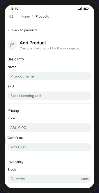 Add Product form with basic info, pricing, and inventory sections