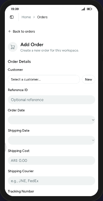 Add Order form with customer picker, order details, and shipping fields