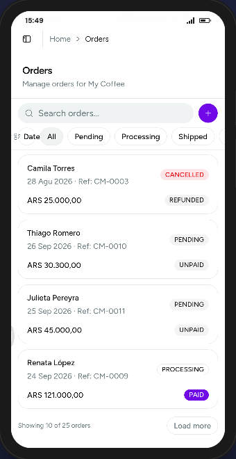 Orders list showing customers, dates, totals, and status badges