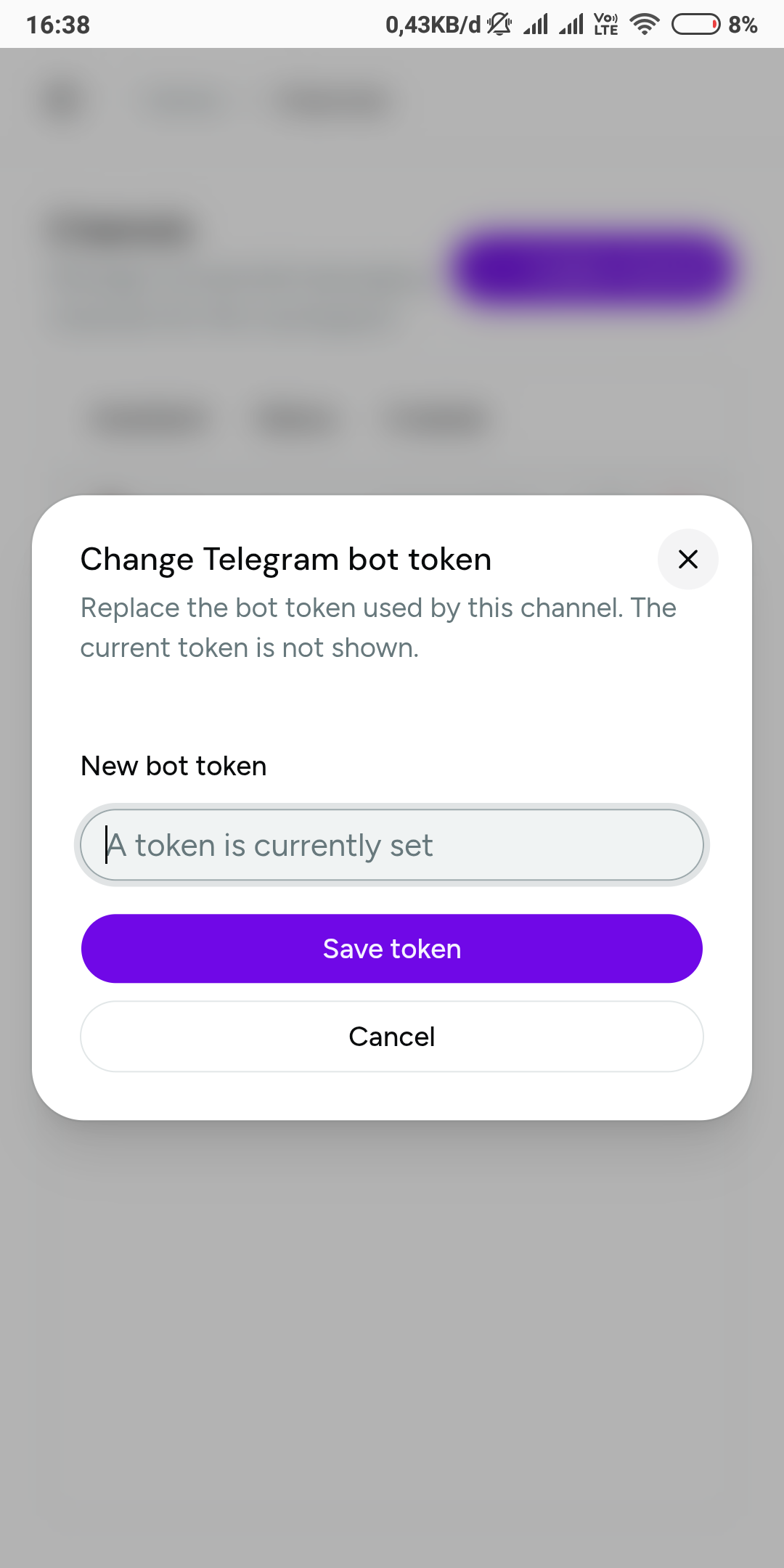 The Change Telegram bot token dialog in Vio, with the current token hidden