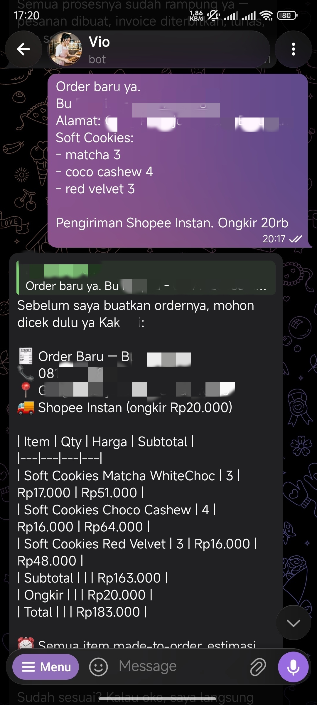 A Telegram exchange where the owner sends a new order and the Vio bot replies with an order draft to confirm