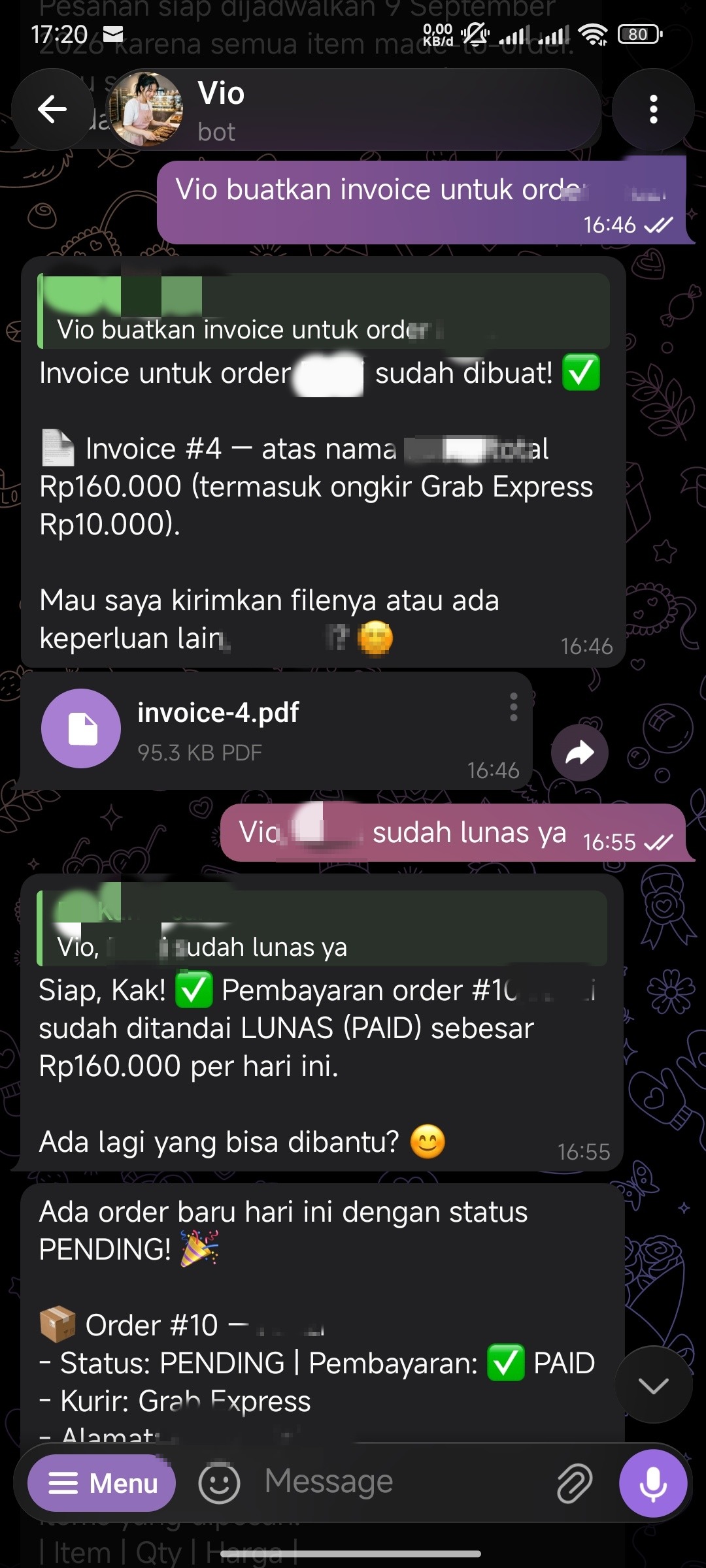A chat with the Vio assistant where the owner asks for an invoice for an order and the invoice is created