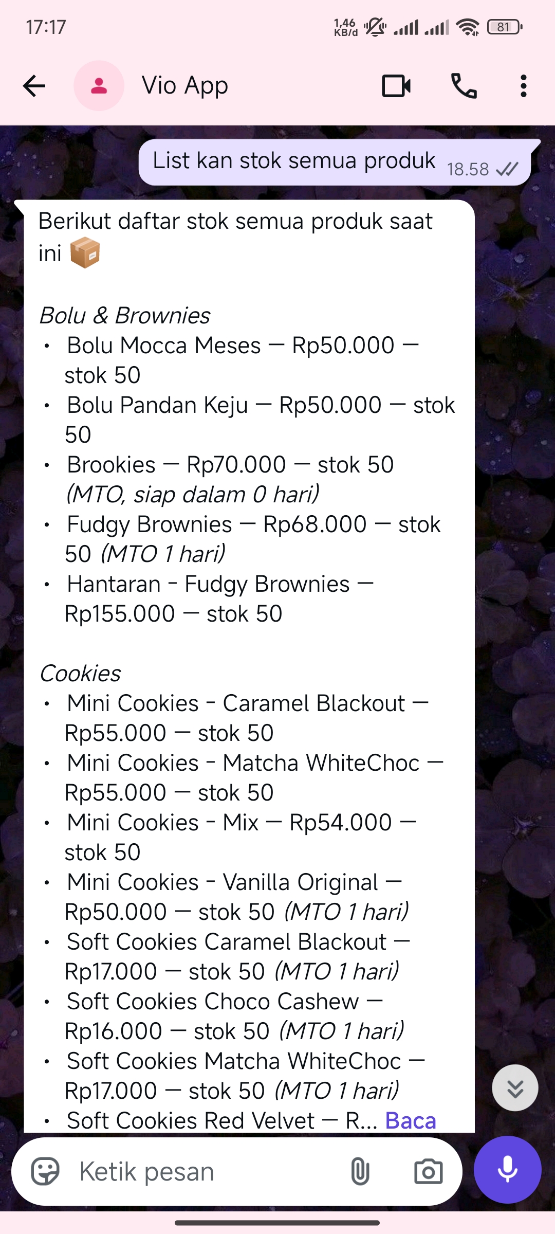 A WhatsApp chat where the owner asks the assistant for the stock of every product and gets an instant answer