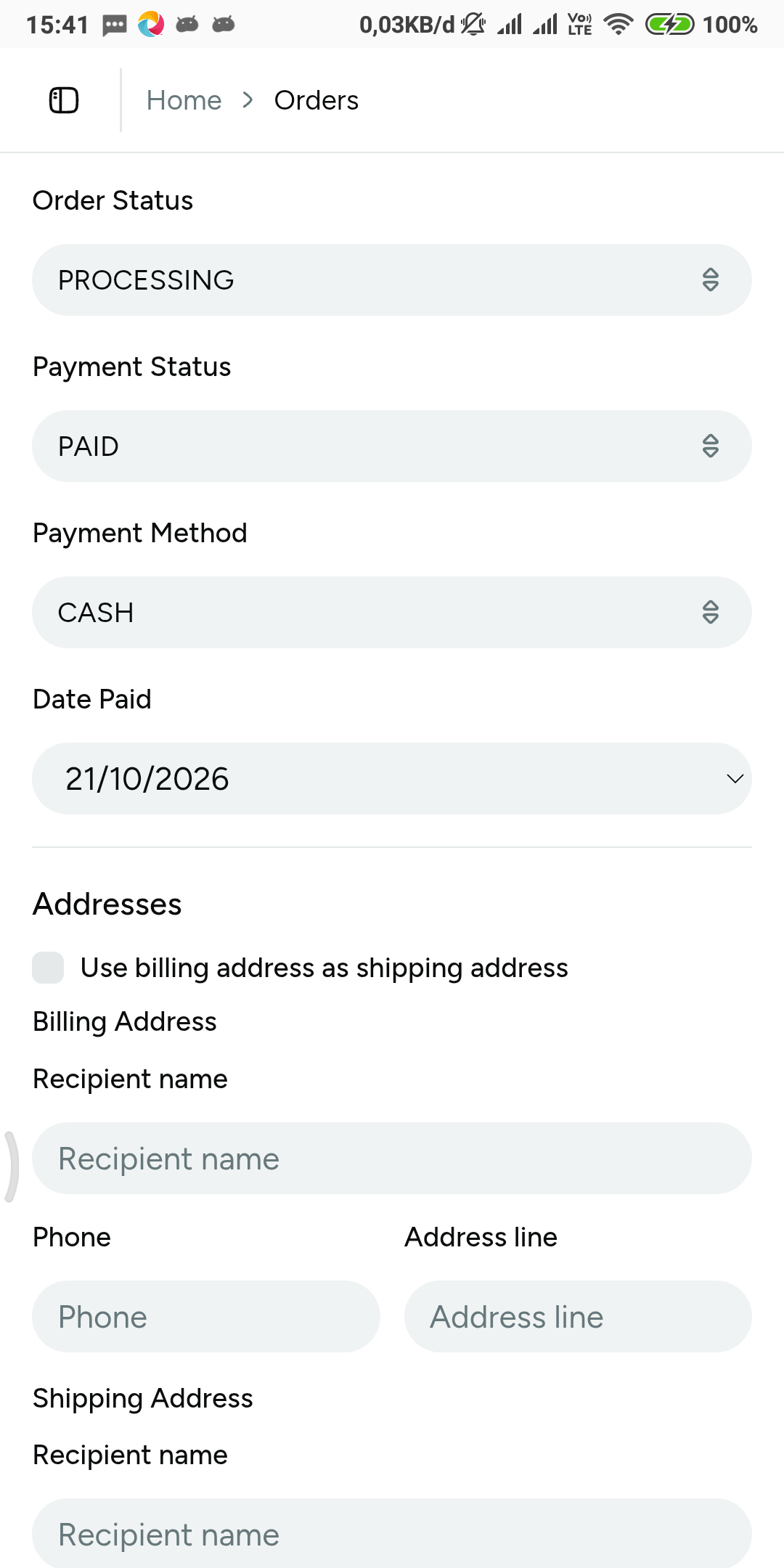 An order’s Status and Payment section showing fulfilment on PROCESSING beside Payment Status PAID, method CASH, and the date paid