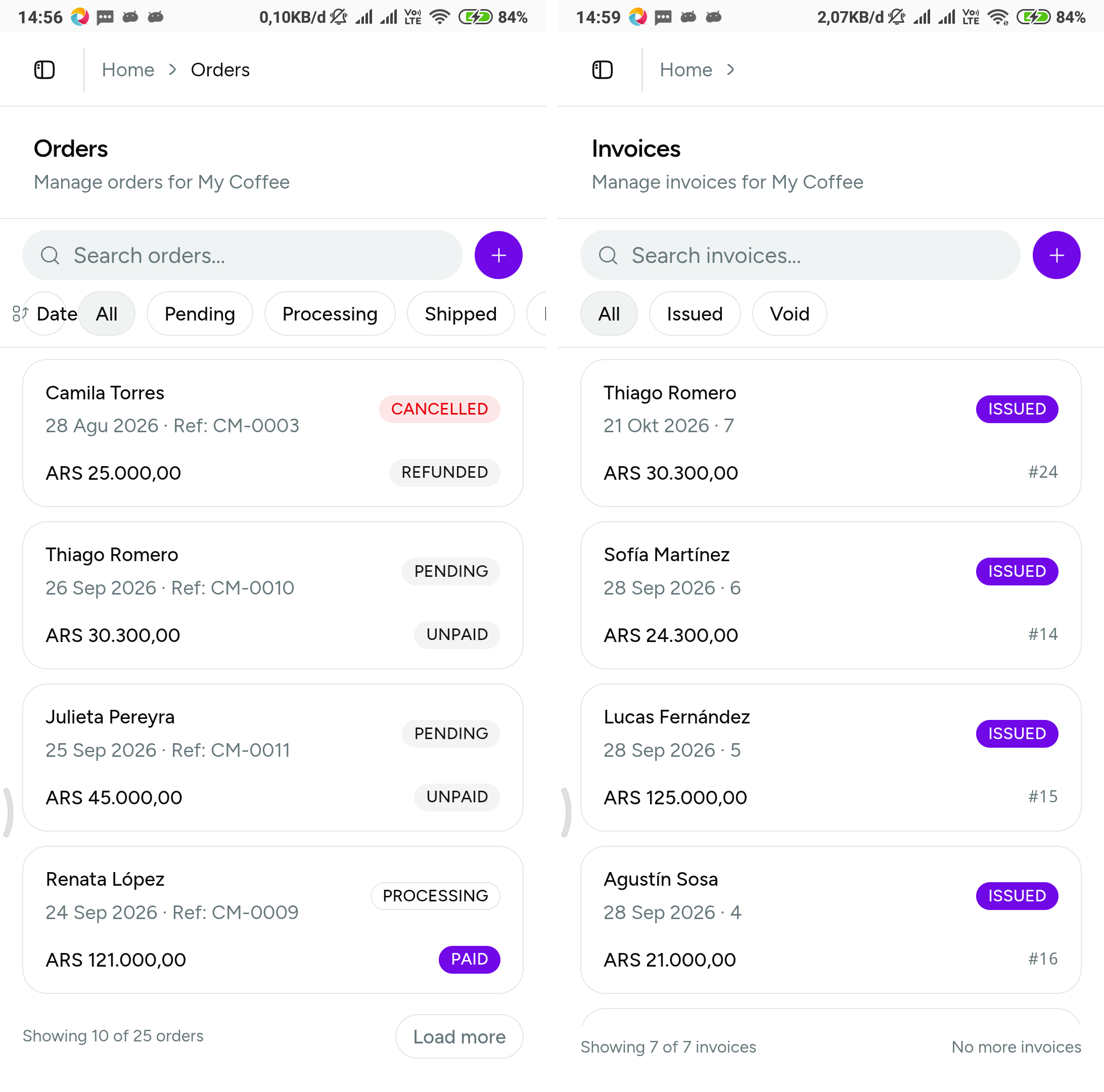 The invoice list filtered by status and the orders list filtered by payment status