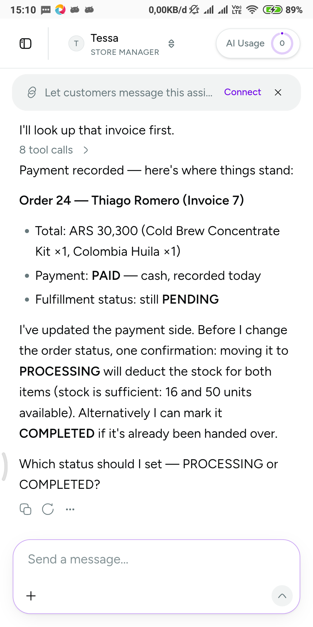 A chat with the assistant where the owner reports a customer’s cash payment and the assistant updates the order’s payment record