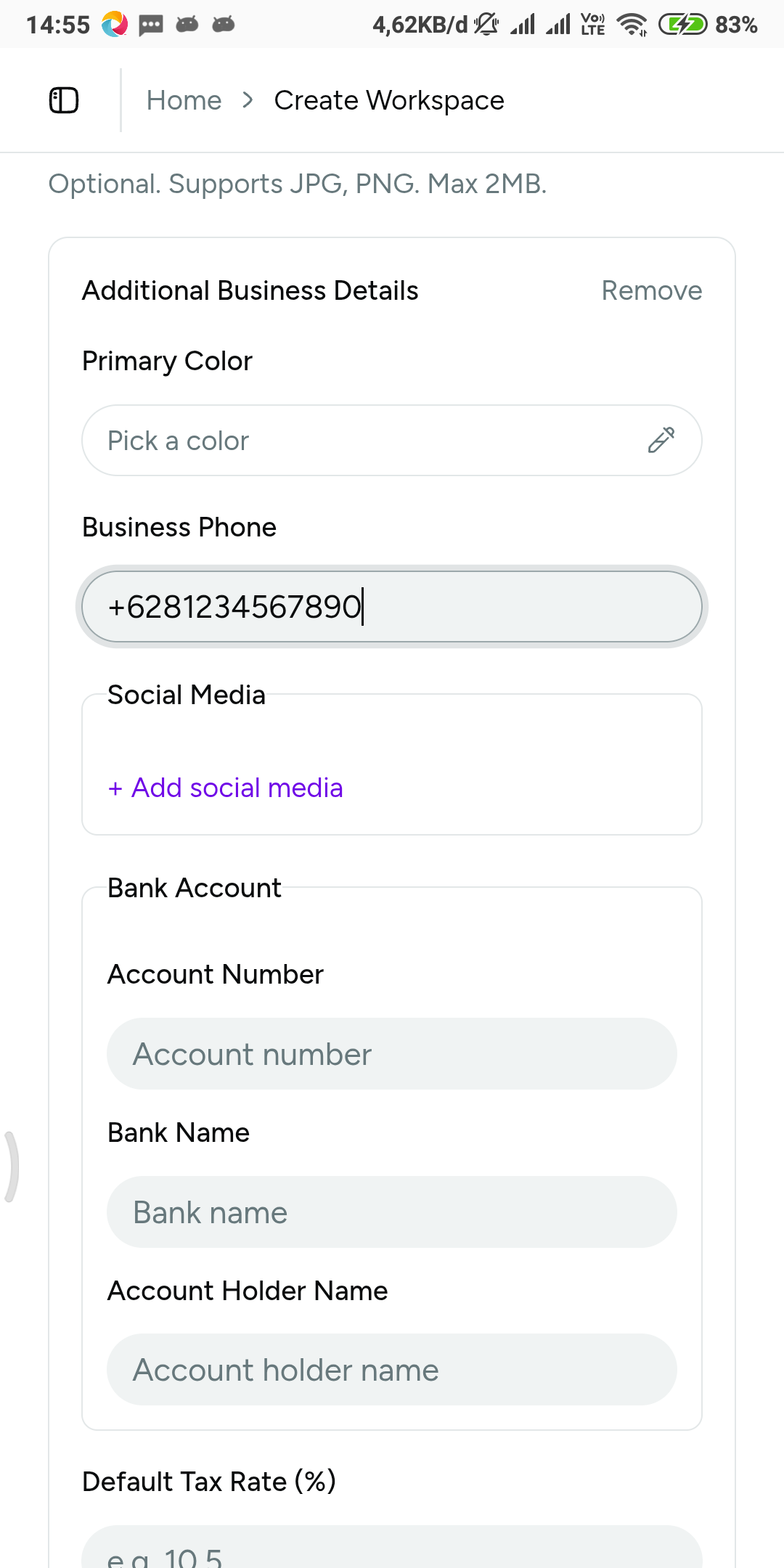 Business details filled in during workspace creation: business name, default currency, and a description of how the business runs