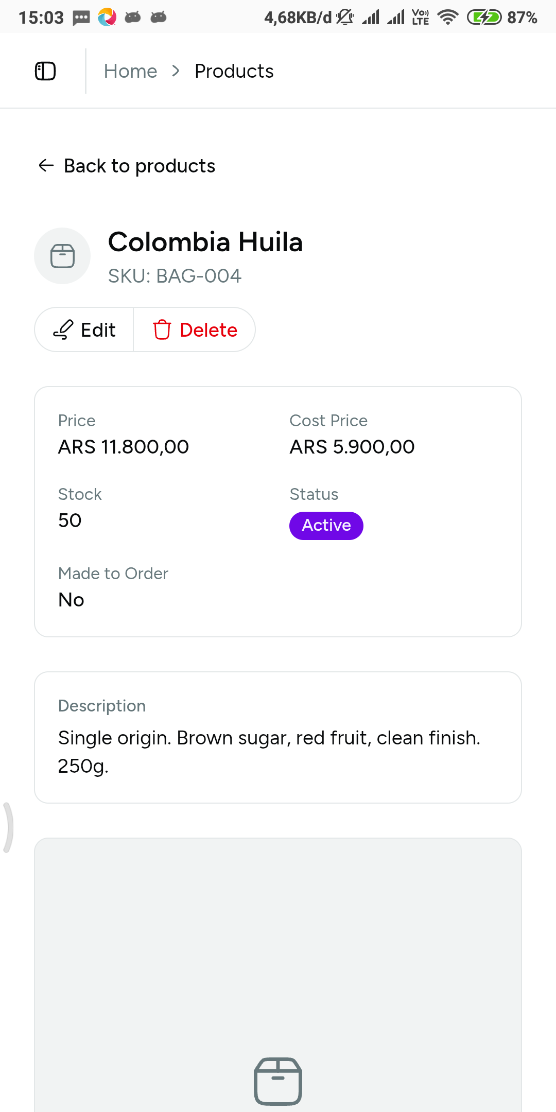Product record showing selling price, cost price, stock quantity, SKU, and made-to-order settings