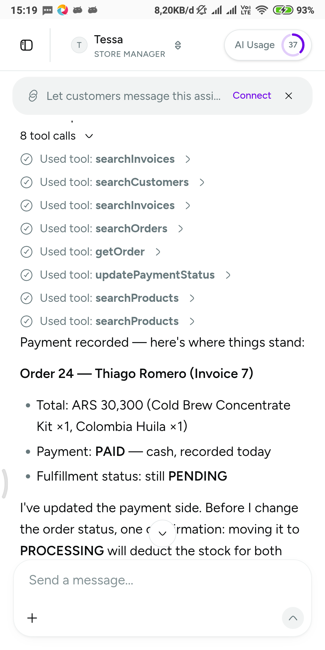 Chat with the assistant: its reasoning text and the expanded log of tool-call steps it ran while working