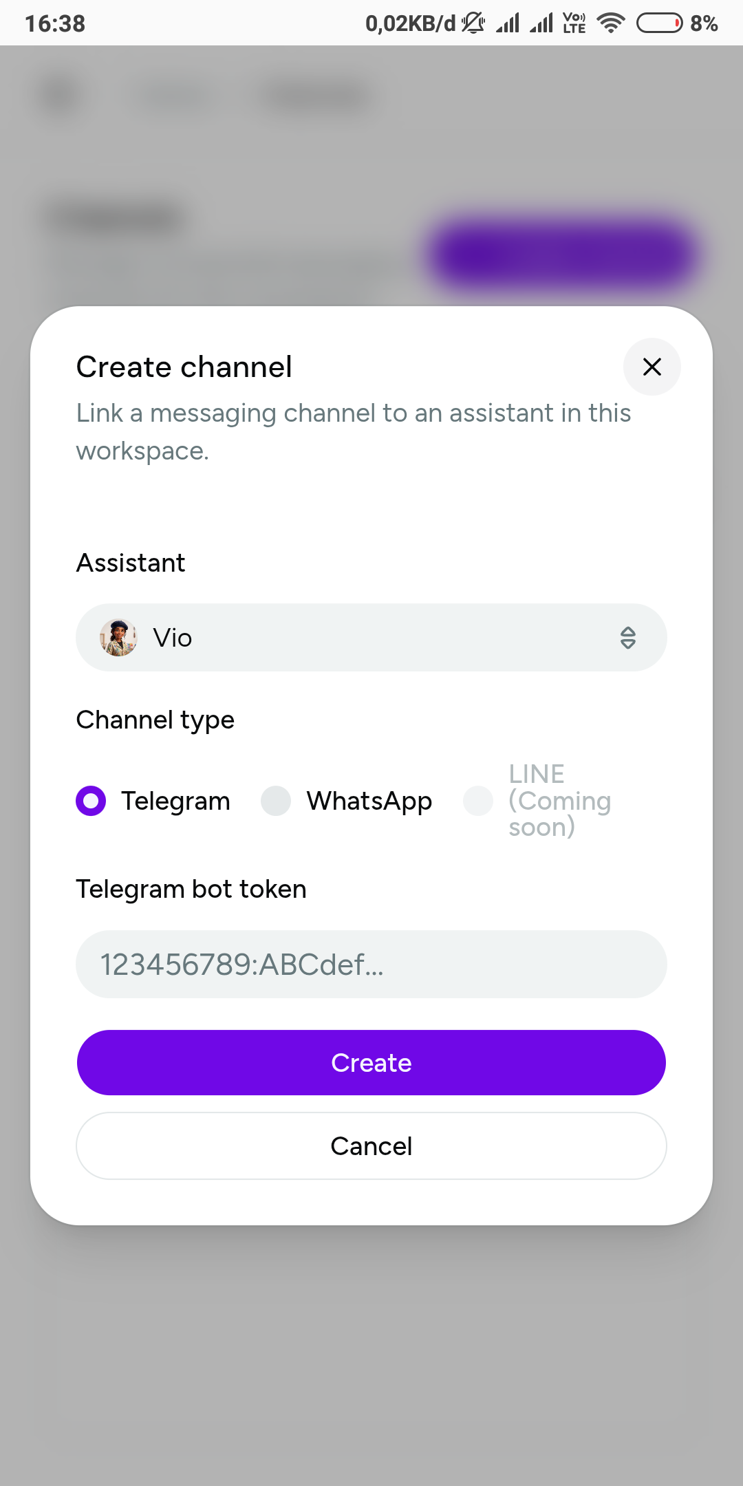 The Create channel dialog with Telegram selected — the bot token field is part of the form