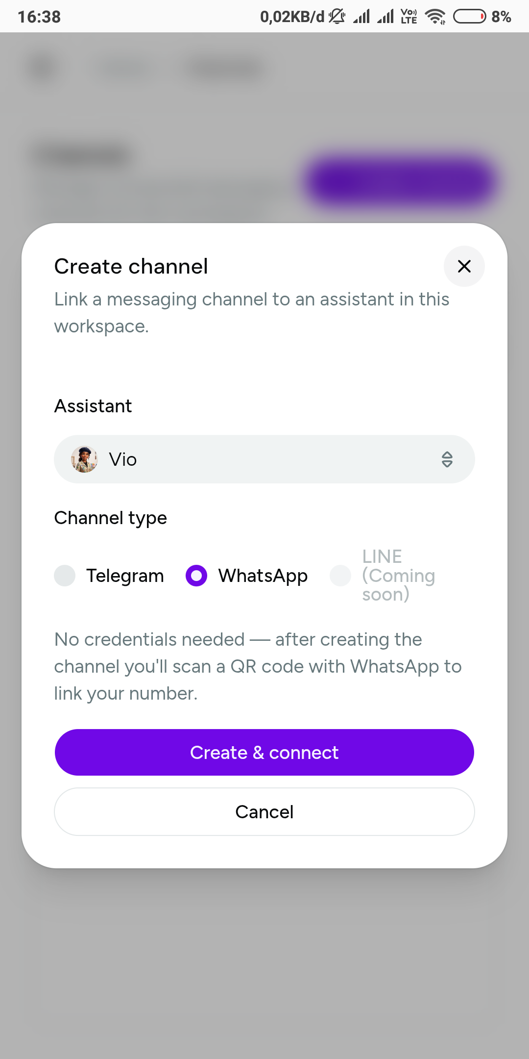 The Create channel dialog with WhatsApp selected — no credentials needed up front