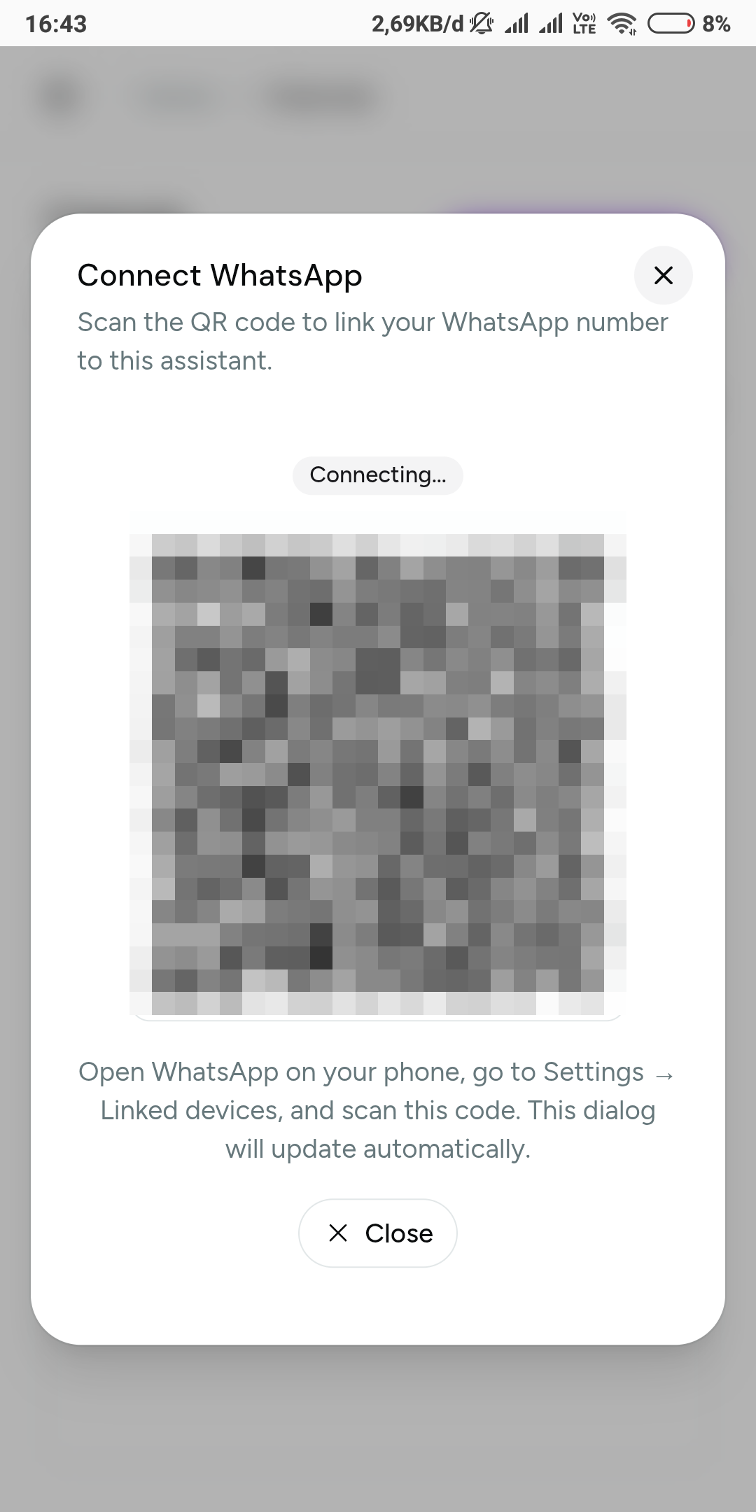 The Connect WhatsApp pairing view with the QR code (pixelated)